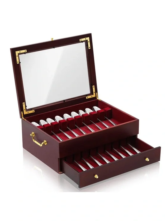 Wooden Silverware Storage Case Box Glass Lid With Handle Felt Lined SHIPALONE - Picture 1 of 7
